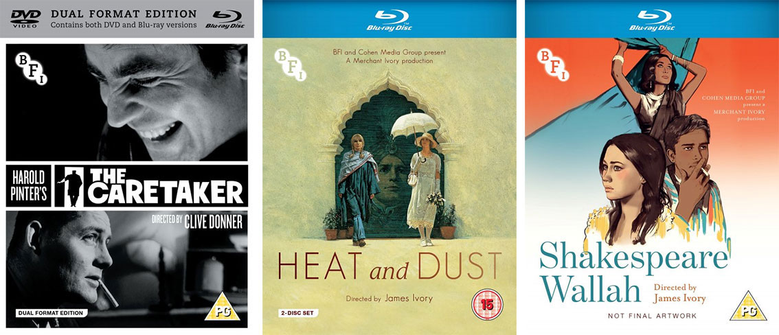 The Caretaker dual format, Heat and Dust, Shakespeare Wallah Blu-ray cover art