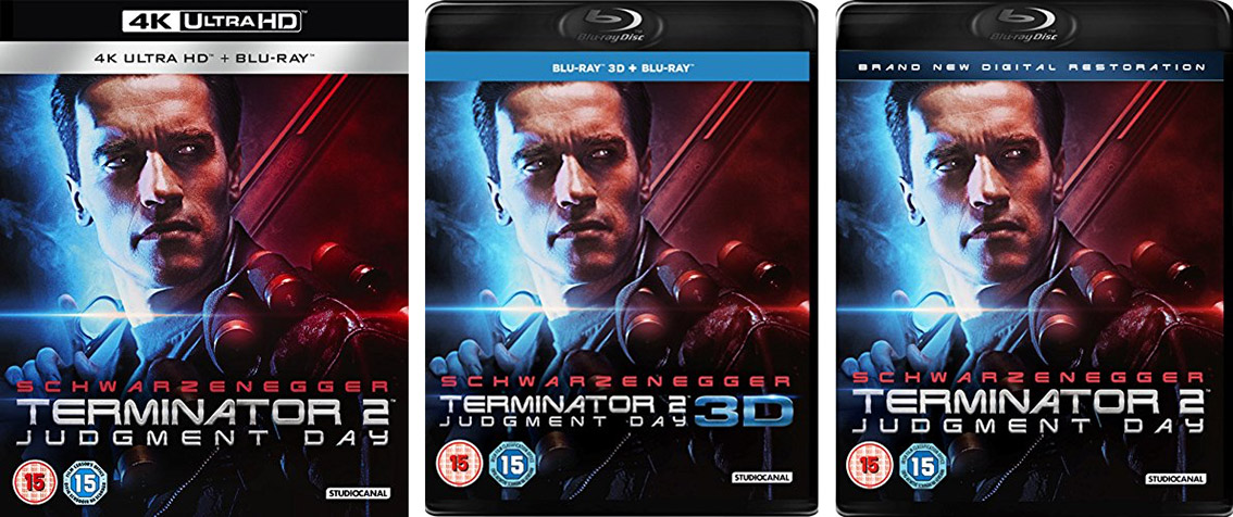Terminator 2: Judgement Day UHD, Blu-ray & Blu-ray 3D pack shots