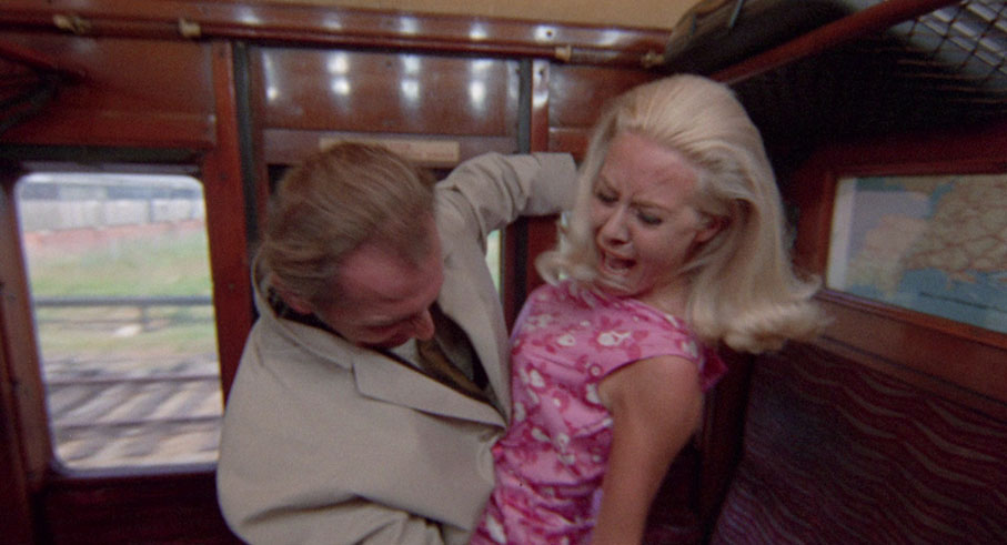 John attacks a woman on a train.