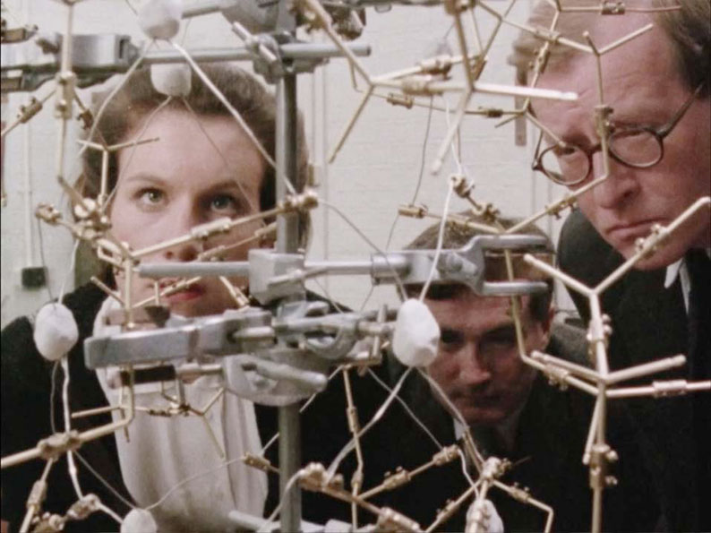 Rosalind Franklin and Maurice Wilkins examine Crick and Watson's final model of DNA