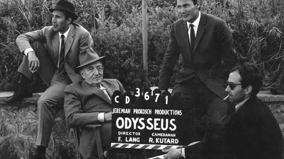 Michel Piccoli, Fritz Lang, Jack Palance and Jean-Luc Godard in Le Mépris